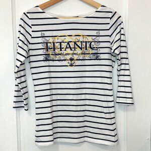 Titanic Belfast Women's White/Blue Striped Boat Neck 3/4 Sleeve Shirt,Size Small
